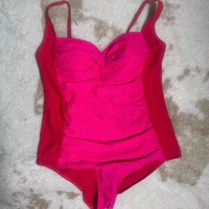 Romenza Targo Pink & Red  Women’s One Piece Swimsuit Slimming Ruched Tummy EUC L
